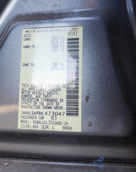 2017 Nissan Altima 2.5 from USA, damaged, VIN 1N4AL3AP9HC473047